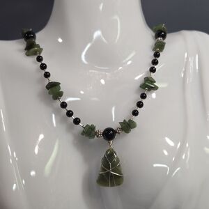 Beautiful Handcrafted Genuine Sterling Silver Necklace With Nephrite Jade/ Black